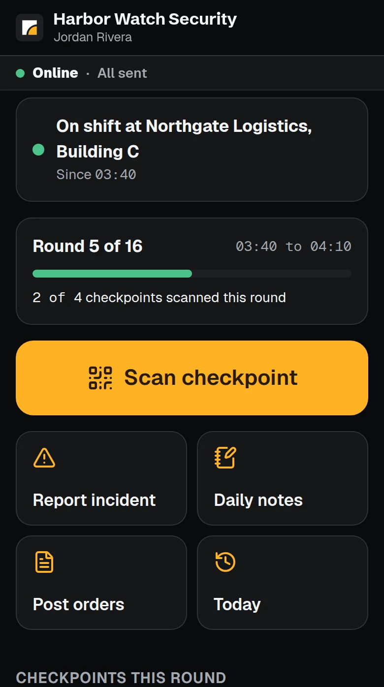 The PatrolSheet guard app during a round: round 5 of 16, 2 of 4 checkpoints scanned, and a Scan checkpoint button